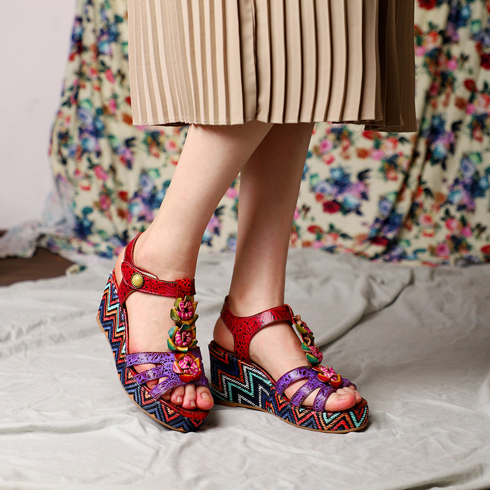 Hand-made rose flower thick-bottomed open-toed slope sandals