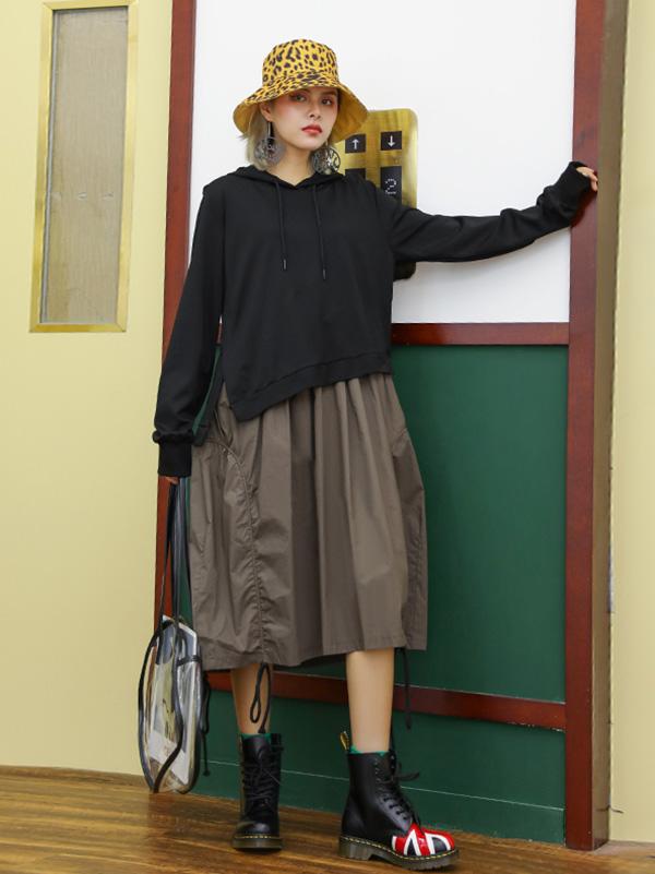 Retro False Two Split-joint Drawstring Sweatshirt Dress