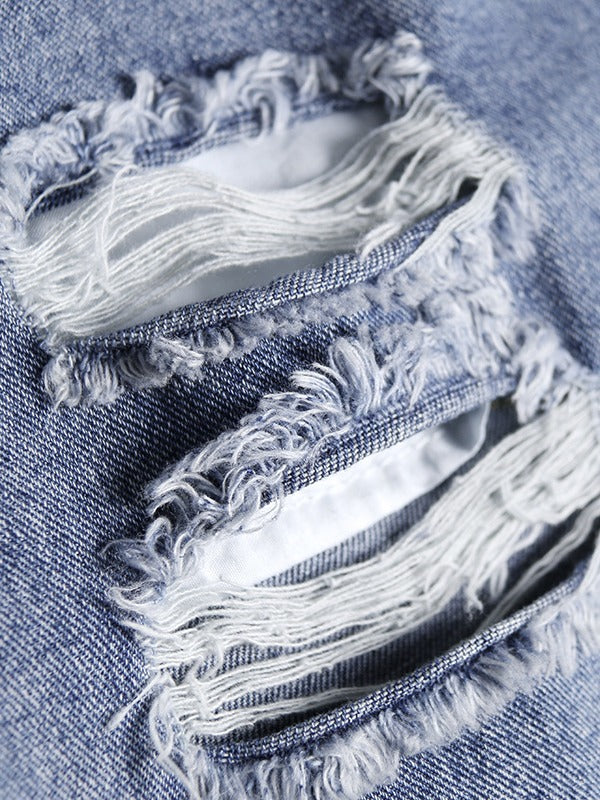 HIGH-WAIST HOLLOW HIGH-LOW DENIM SHORTS