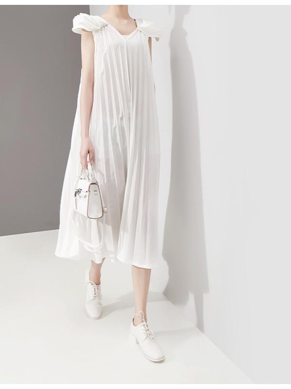 Fashion Solid Petal Sleeve Pleats Dress