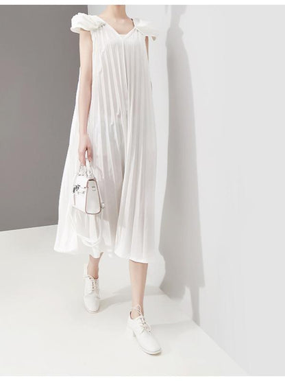 Fashion Solid Petal Sleeve Pleats Dress