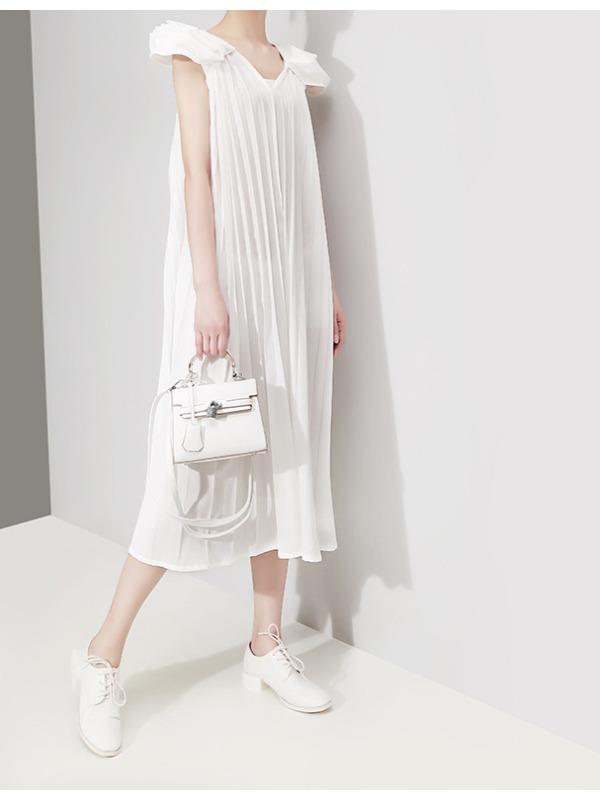 Fashion Solid Petal Sleeve Pleats Dress