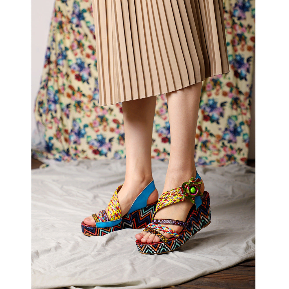 Weaving sandals with thick soles by retro-national style