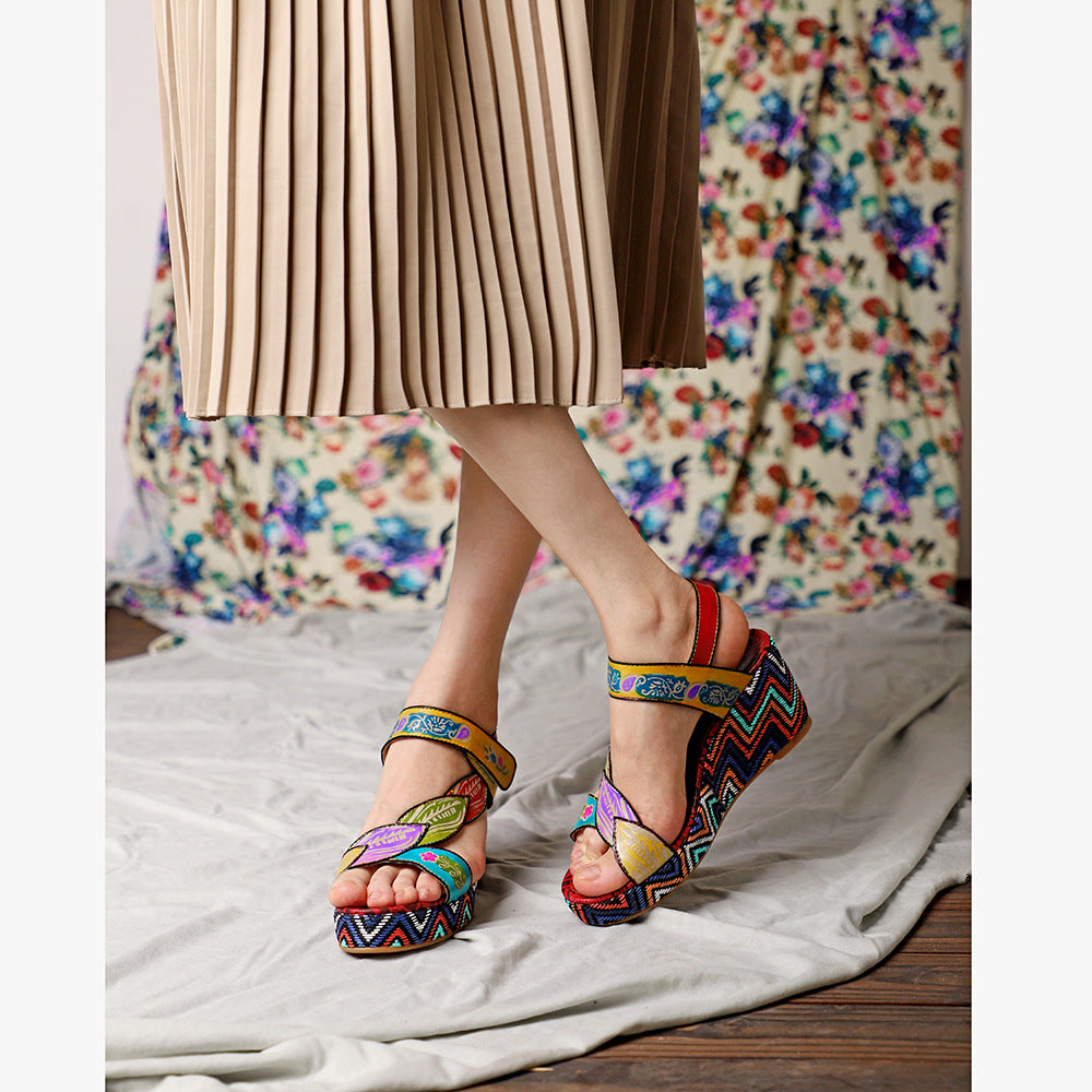 Leather Sandals with Leaves and Flowers