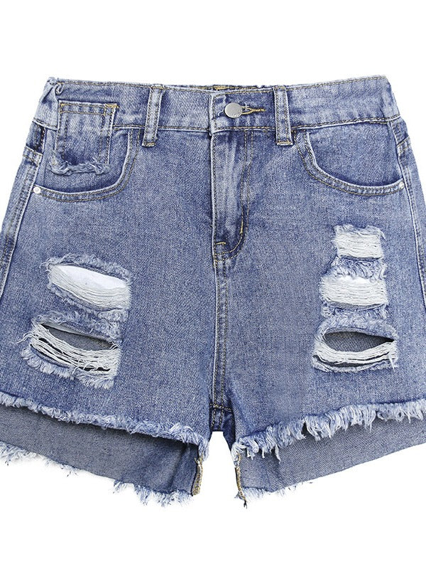 HIGH-WAIST HOLLOW HIGH-LOW DENIM SHORTS