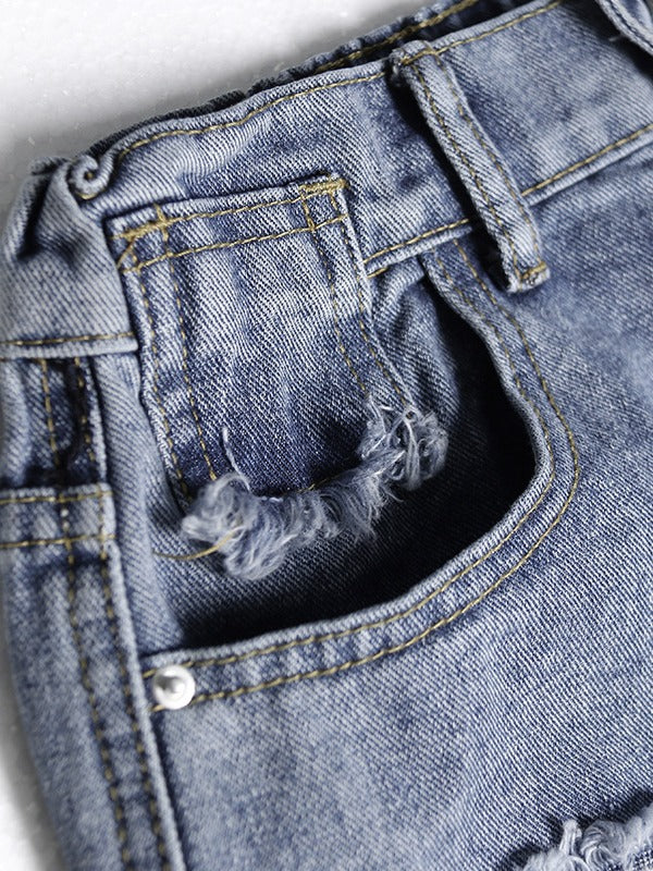 HIGH-WAIST HOLLOW HIGH-LOW DENIM SHORTS