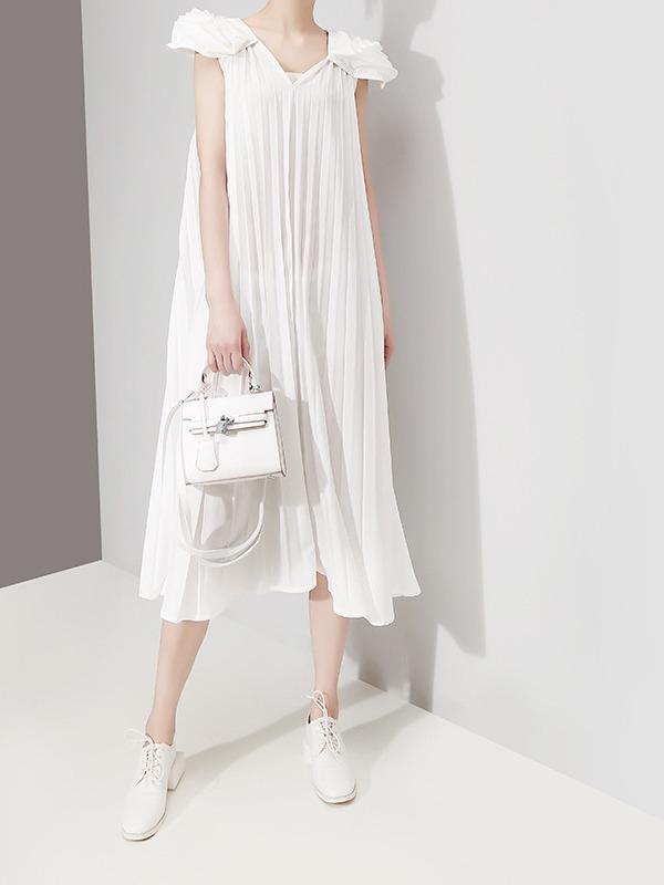 Fashion Solid Petal Sleeve Pleats Dress