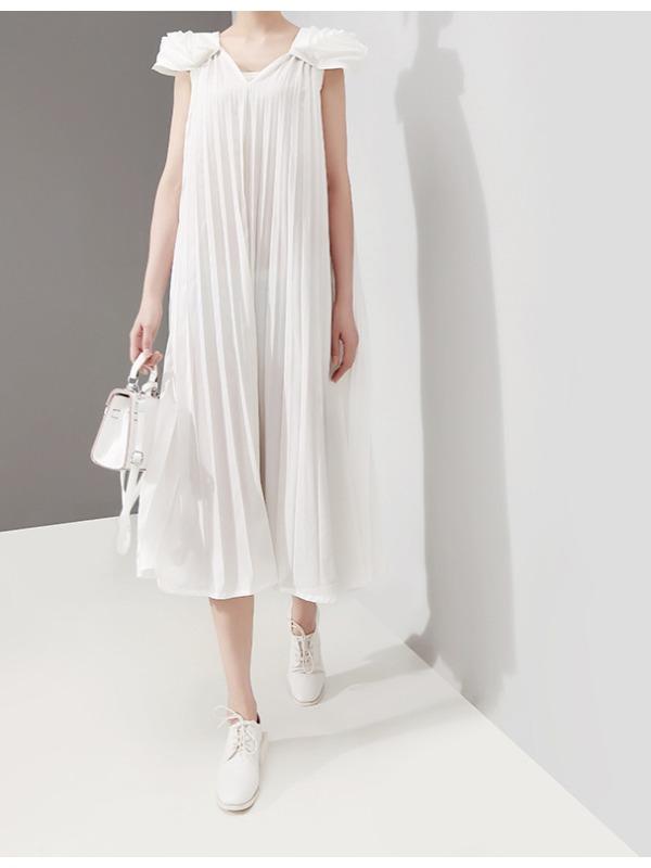 Fashion Solid Petal Sleeve Pleats Dress