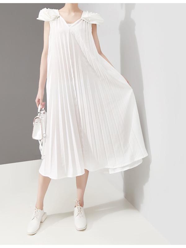 Fashion Solid Petal Sleeve Pleats Dress