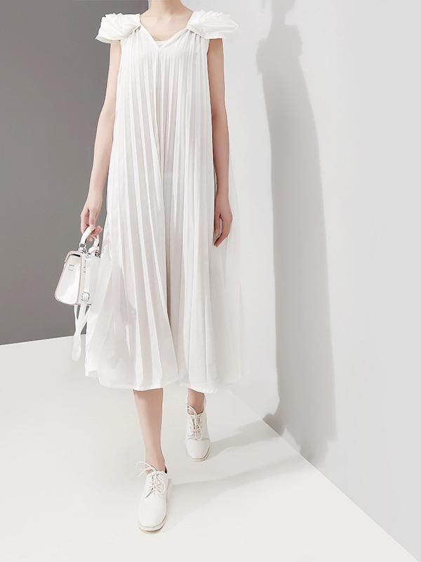 Fashion Solid Petal Sleeve Pleats Dress