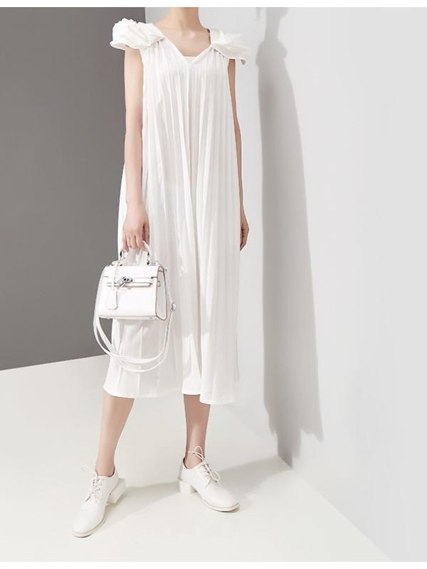 Fashion Solid Petal Sleeve Pleats Dress