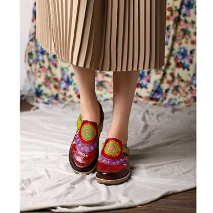 Leather Handmade Flower Retro Flat-soled Casual Sandals