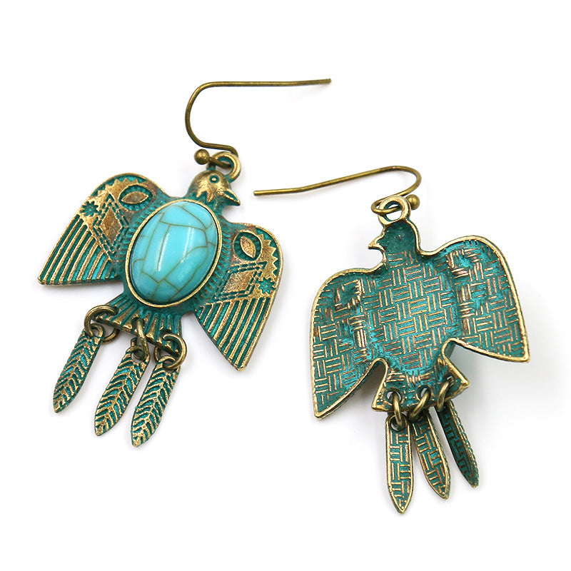 Retro earrings long bird eagle leaves turquoise earrings