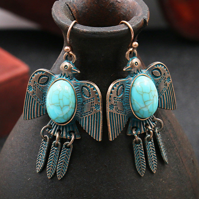 Retro earrings long bird eagle leaves turquoise earrings