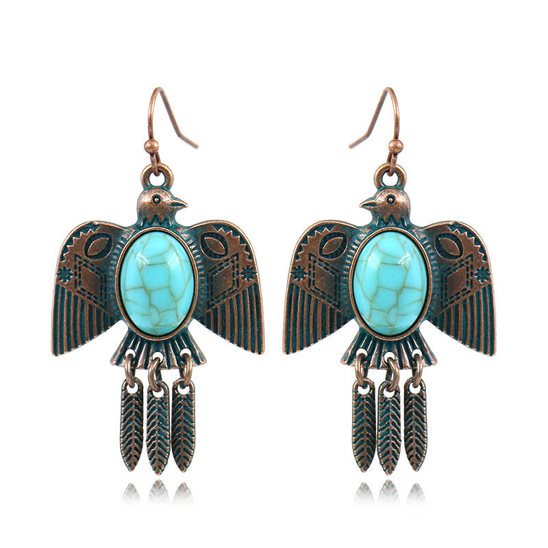 Retro earrings long bird eagle leaves turquoise earrings