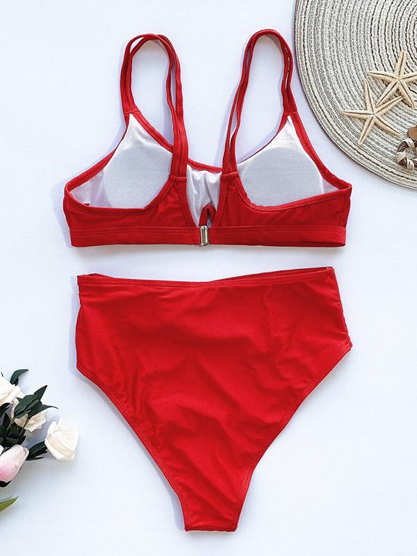 Solid Color Belted Split Bikini Swimsuit