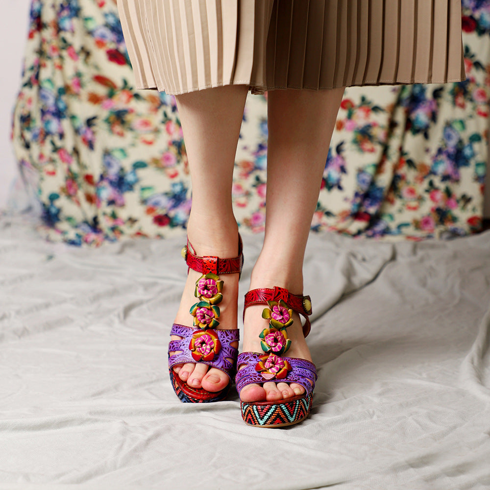 Hand-made rose flower thick-bottomed open-toed slope sandals