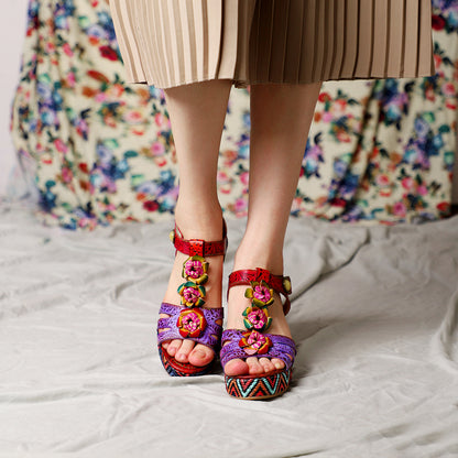 Hand-made rose flower thick-bottomed open-toed slope sandals