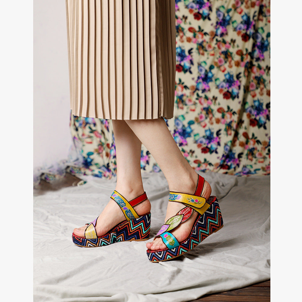 Leather Sandals with Leaves and Flowers