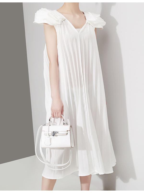 Fashion Solid Petal Sleeve Pleats Dress