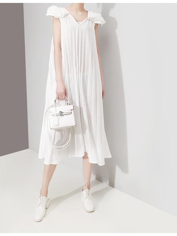 Fashion Solid Petal Sleeve Pleats Dress