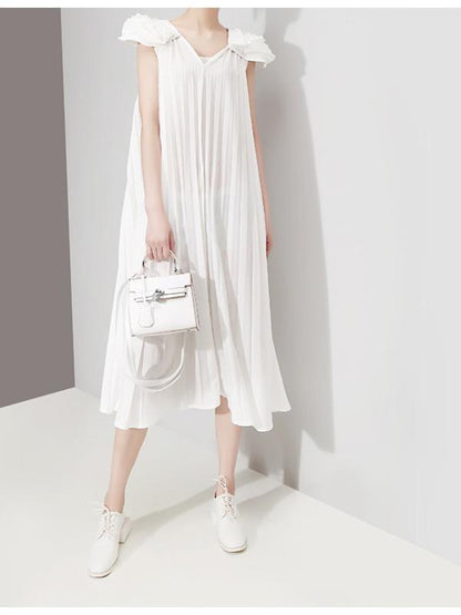 Fashion Solid Petal Sleeve Pleats Dress