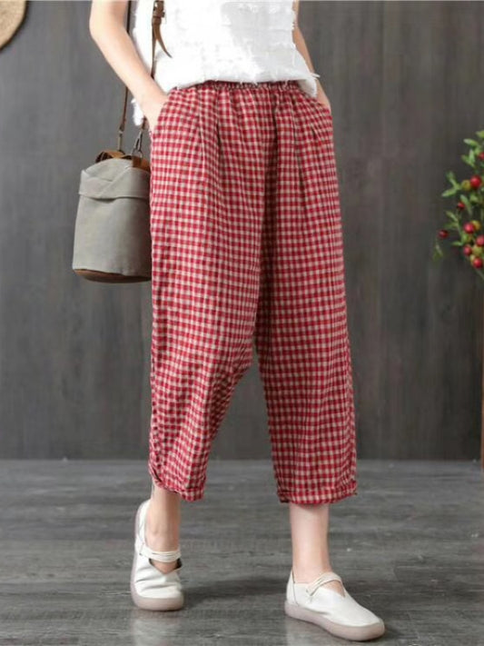 VINTAGE RAMIE COTTON PLAID CAPRI HAREM PANTS