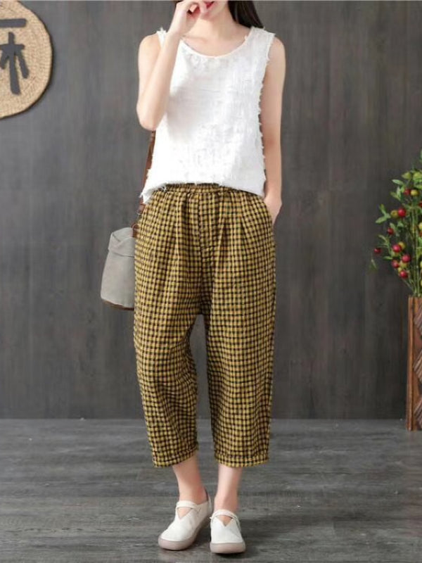 VINTAGE RAMIE COTTON PLAID CAPRI HAREM PANTS