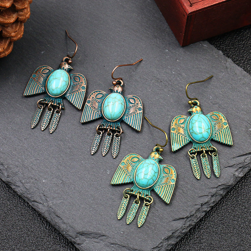 Retro earrings long bird eagle leaves turquoise earrings