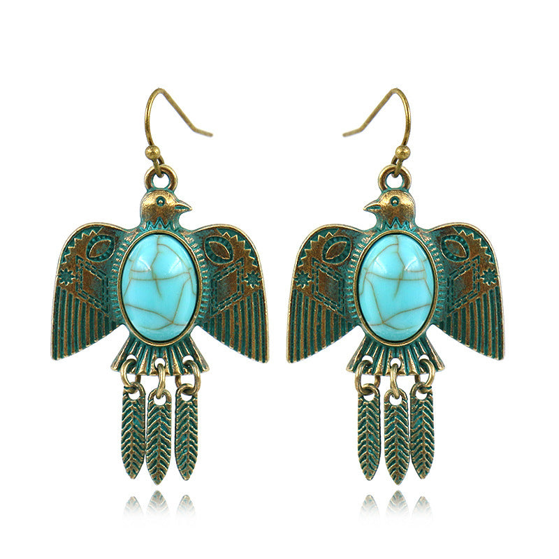 Retro earrings long bird eagle leaves turquoise earrings