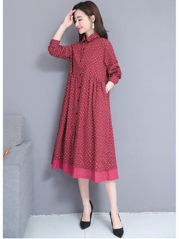 Printed Twist Shirt Lapel Midi Dress