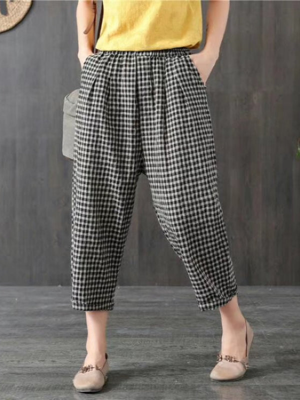 VINTAGE RAMIE COTTON PLAID CAPRI HAREM PANTS