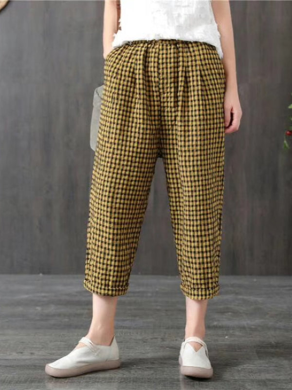 VINTAGE RAMIE COTTON PLAID CAPRI HAREM PANTS