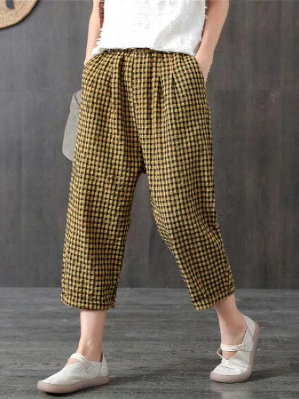 VINTAGE RAMIE COTTON PLAID CAPRI HAREM PANTS