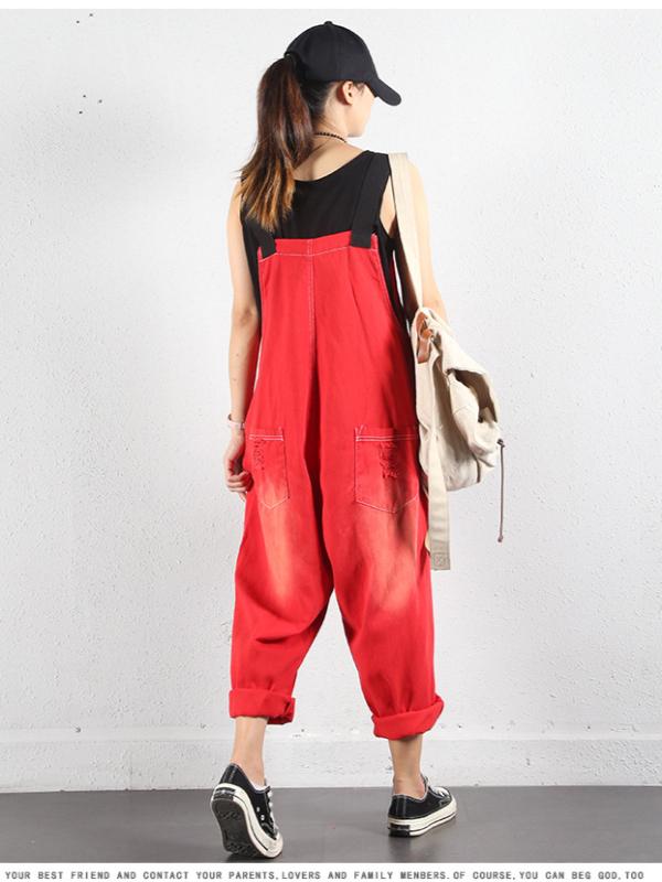 LOOSE LETTER PRINTED DENIM OVERALL JUMPSUITS