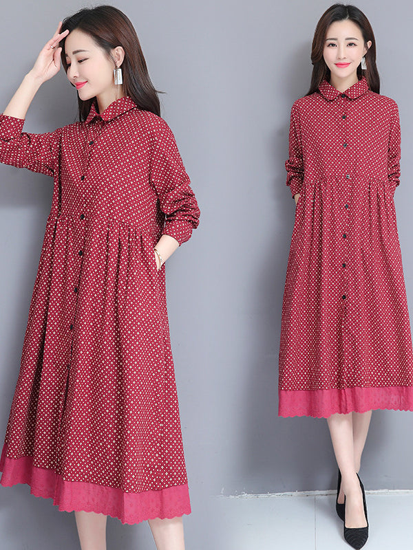 Printed Twist Shirt Lapel Midi Dress