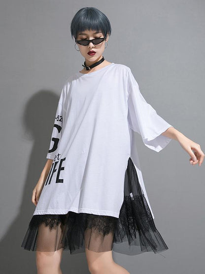 Mesh Asymmetric Printed Split-joint T-Shirt Dress