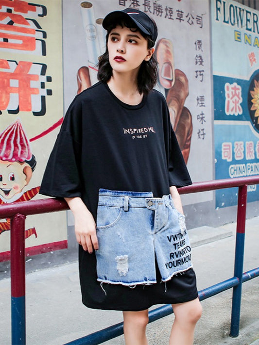 Stylish Loose Cropped Jean Splicing Print T-Shirt