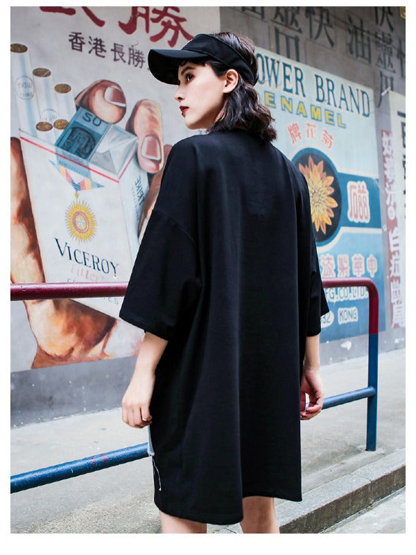 Stylish Loose Cropped Jean Splicing Print T-Shirt