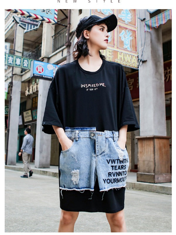 Stylish Loose Cropped Jean Splicing Print T-Shirt