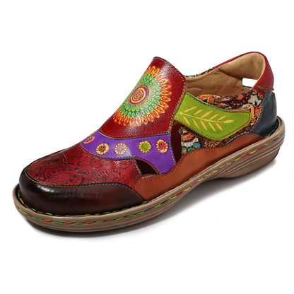 Leather Handmade Flower Retro Flat-soled Casual Sandals