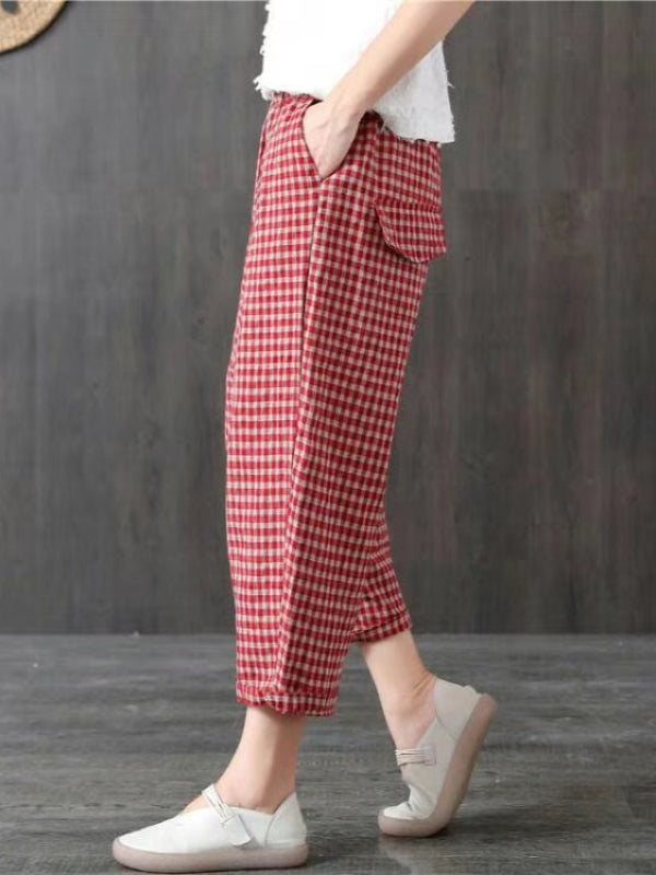 VINTAGE RAMIE COTTON PLAID CAPRI HAREM PANTS