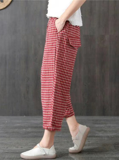 VINTAGE RAMIE COTTON PLAID CAPRI HAREM PANTS