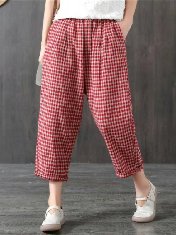 VINTAGE RAMIE COTTON PLAID CAPRI HAREM PANTS