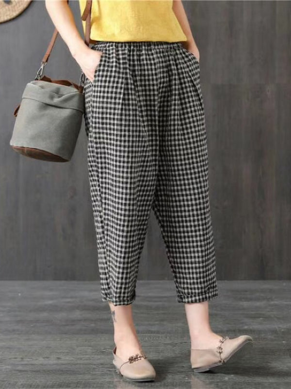 VINTAGE RAMIE COTTON PLAID CAPRI HAREM PANTS