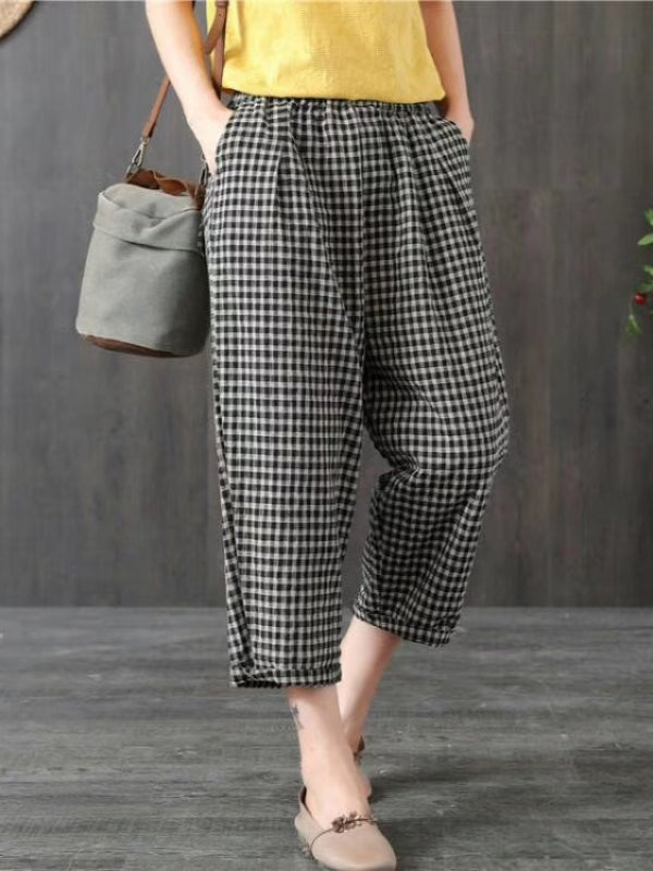 VINTAGE RAMIE COTTON PLAID CAPRI HAREM PANTS