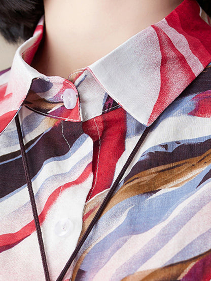 Artistic Retro Contrast Color Printed Split-Joint Blouse