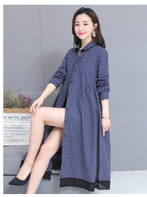 Printed Twist Shirt Lapel Midi Dress