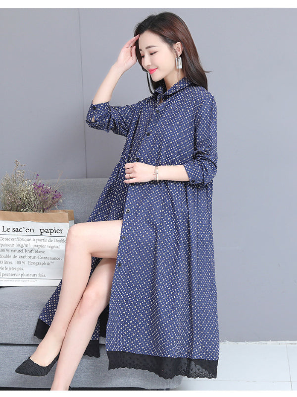 Printed Twist Shirt Lapel Midi Dress