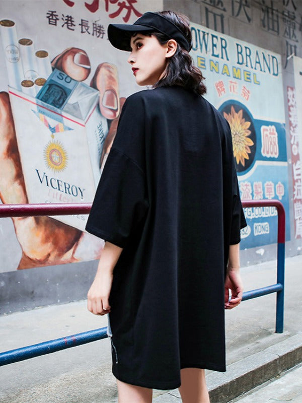 Stylish Loose Cropped Jean Splicing Print T-Shirt